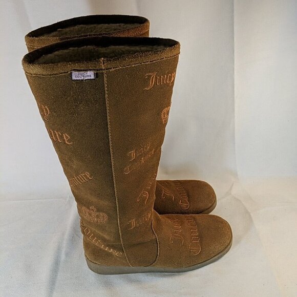 Juicy Couture Brown Faux Suede Moccasin Boots Knee High Tan Embroidered Y2K 8.5 - Picture 5 of 16